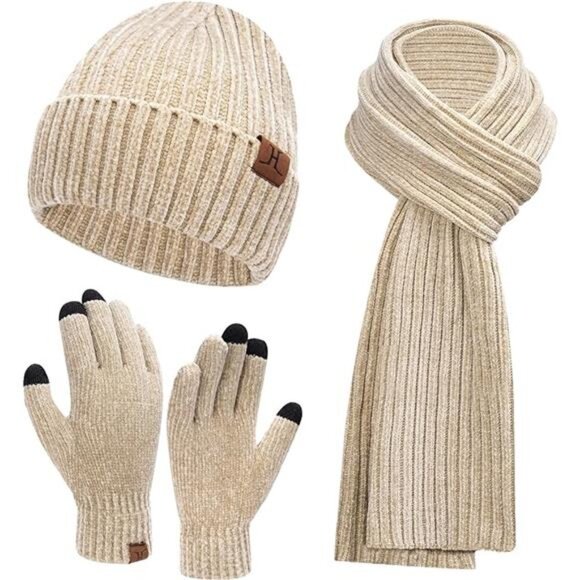 Women's Winter Knit Beanie, Scarf & Touchscreen Gloves Set- Unisex Warmth, Beige - Picture 7 of 7